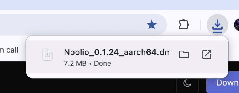 Browser download bar showing Noolio_0.1.24_aarch64.dmg finished downloading