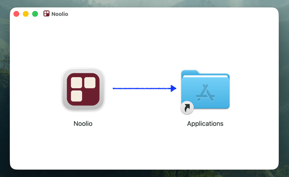 Noolio installer window with an arrow from the Noolio icon to the Applications folder