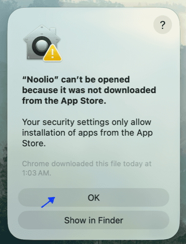 “Noolio can't be opened” dialog with the OK button