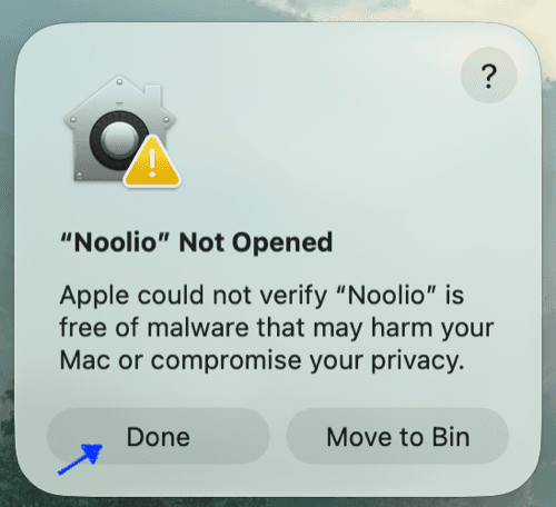 “Noolio Not Opened” dialog with the Done button