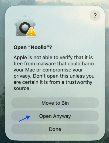 “Open Noolio?” dialog with the Open Anyway button