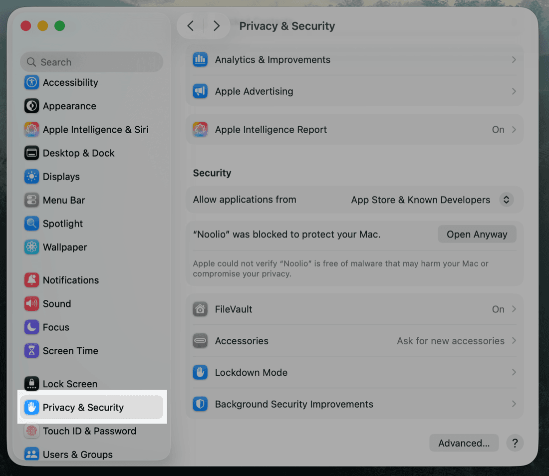 macOS Privacy & Security settings with an Open Anyway button next to the blocked Noolio message