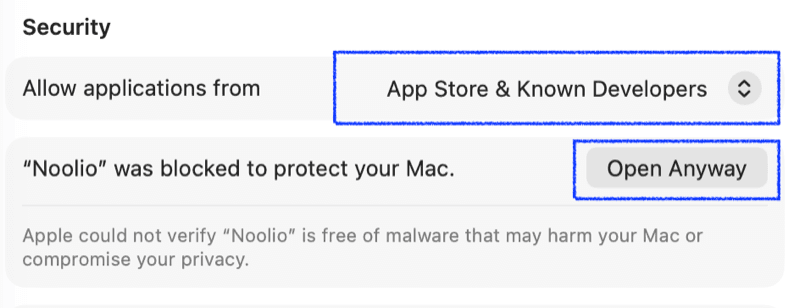 Close-up of the Security settings row, with the Allow applications from dropdown and the Open Anyway button highlighted