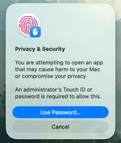 macOS prompt asking for Touch ID or a password to open Noolio